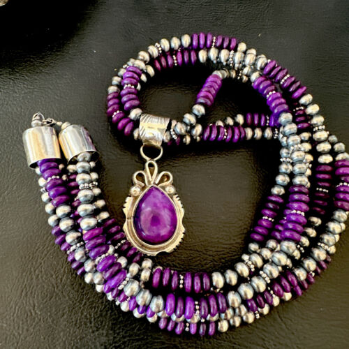 Navajo Sugilite 3-Strand Bead Necklace Set | Sterling Silver | 21" | Authentic Native American Handmade | 02927