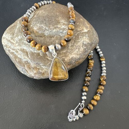 Southwestern Coffee Brown Tiger's Eye Pendant Necklace | Sterling Silver | 15865