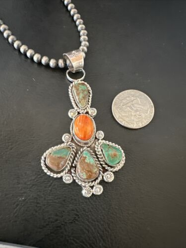 Navajo Green Turquoise Spiny Oyster Pendant Necklace | Sterling Silver | 16832