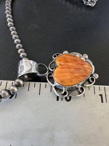 Navajo Orange Spiny Oyster Heart Pendant Necklace | Sterling Silver | Authentic Native American Handmade | 16423