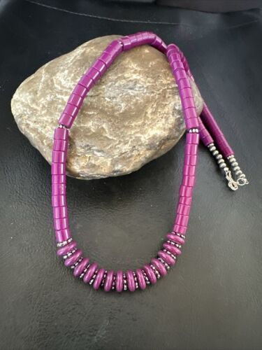 Stabilized Purple Sugilite Beads Silver Tubes Necklace | Graduated | Authentic Native American | 19" | 10471