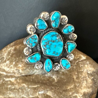 Navajo Kingman Turquoise Cluster Ring | Authentic Native American Sterling Silver | Multi-Stone | Sz 9.5 | 17422