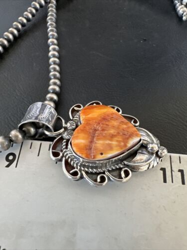 Navajo Orange Spiny Oyster Heart Pendant Necklace | Sterling Silver | Authentic Native American Handmade | 16418