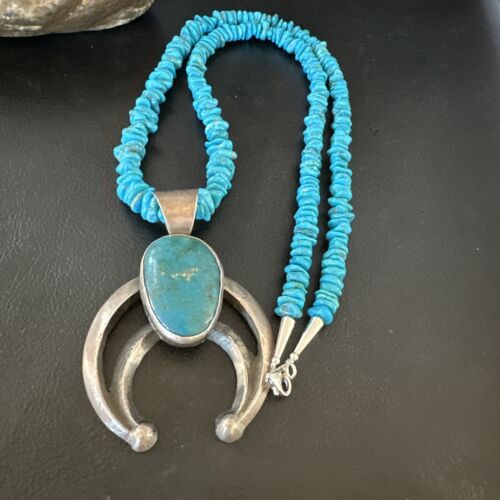 Navajo Blue Kingman Turquoise Naja Pendant Necklace | Sterling Silver | 26" | Authentic Native American Handmade | 16065