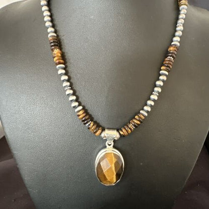 Southwestern Coffee Brown Tiger's Eye Pendant Necklace | Sterling Silver | 16" | 16368