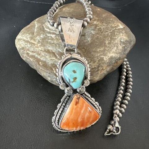 Gorgeous Royston Turquoise Spiny Pendant Navajo Sterling Silver Necklace 16826