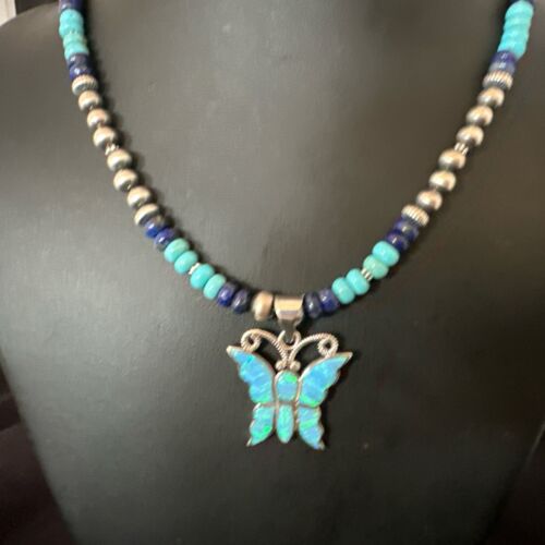 Navajo Opal Inlay Pendant Turquoise & Lapis | Sterling Silver Necklace | 16845