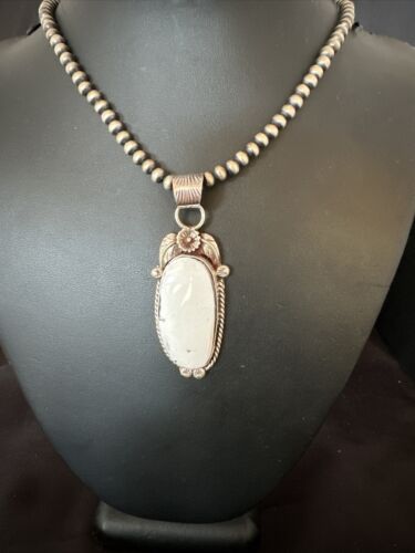 Navajo White Buffalo Turquoise Pendant Necklace | Sterling Silver | Authentic Native American Handmade | 15616