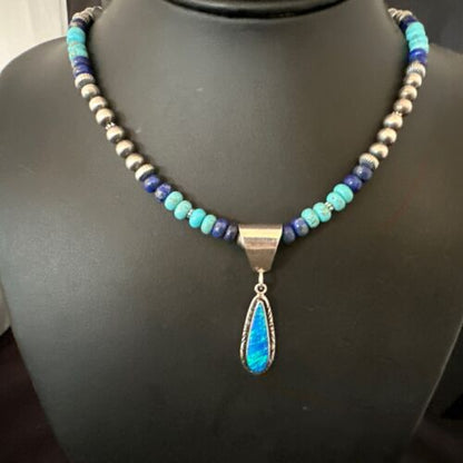 Navajo Blue Opal Turquoise Pendant Necklace | Sterling Silver | Authentic Native American Handmade | 16764