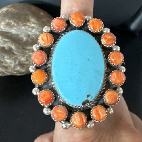 Navajo Turquoise & Spiny Oyster Cluster Ring | Authentic Native American Sterling Silver | Multi-Stone | Sz 12 | 16027