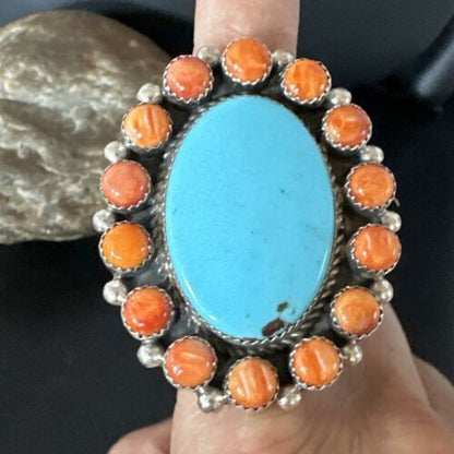 Navajo Turquoise & Spiny Oyster Cluster Ring | Authentic Native American Sterling Silver | Multi-Stone | Sz 12 | 16027