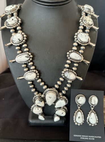 Navajo White Buffalo Turquoise Pendant Earrings | Sterling Silver Squash Blossom Necklace | 17443