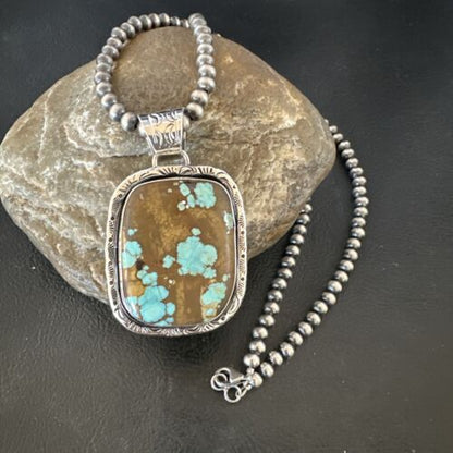 Navajo Blue Turquoise #8 Pendant | Sterling Silver Necklace with Pearls | Authentic Native American Handmade | 16350