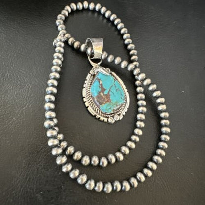 Navajo Blue Kingman Turquoise Pendant Necklace | Sterling Silver | Native American Handmade | 16023