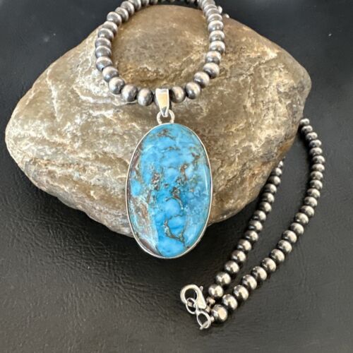 Men's Navajo Blue Spiderweb Turquoise Pendant Necklace | Sterling Silver | Authentic Native American Handmade | 16299