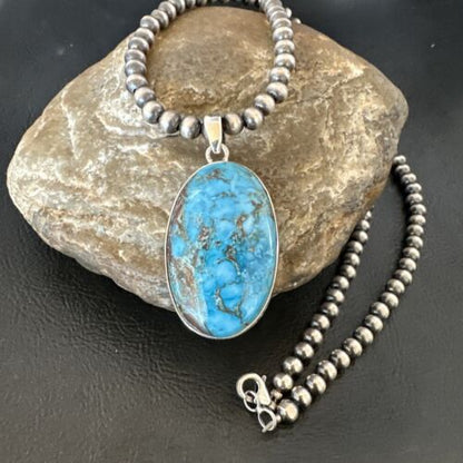 Men's Navajo Blue Spiderweb Turquoise Pendant Necklace | Sterling Silver | Authentic Native American Handmade | 16299