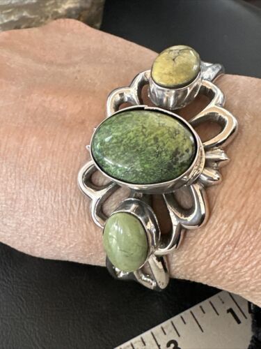 Navajo Green Turquoise Cuff Bracelet | Sterling Silver Tufa Cast | Authentic Native American Handmade | 16787