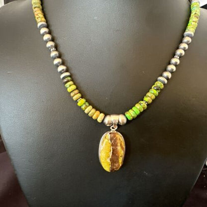 Navajo Green Turquoise Pendant Necklace | Sterling Silver | Authentic Native American Handmade | 16920