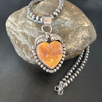 Navajo Orange Spiny Oyster Heart Pendant Necklace | Sterling Silver | Authentic Native American Handmade | 16551