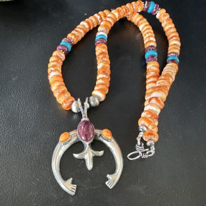 Navajo Orange Purple Spiny Oyster Naja Pendant Necklace | Sterling Silver | Authentic Native American Handmade | 15261