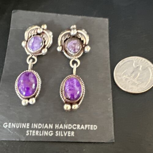 Navajo Purple Sugilite Charoite Dangle Earrings | Sterling Silver | 2" | Authentic Native American Handmade | 15258