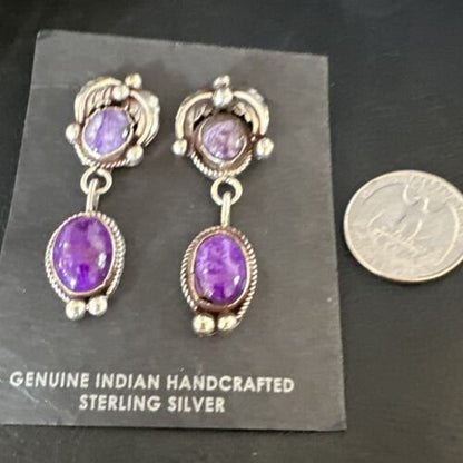 Navajo Purple Sugilite Charoite Dangle Earrings | Sterling Silver | 2" | Authentic Native American Handmade | 15258