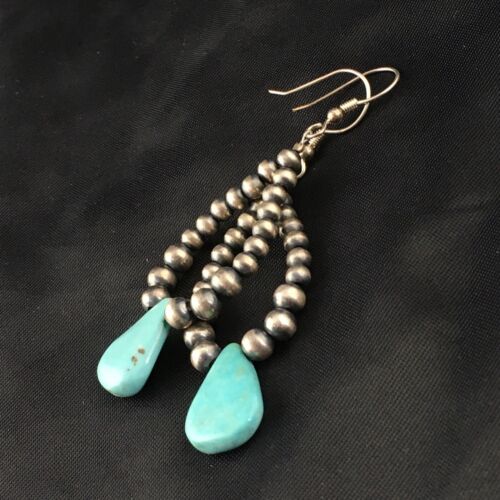 Navajo Blue Cluster Turquoise Dangle Earrings | Sterling Silver | 2" | Authentic Native American Handmade | 1983
