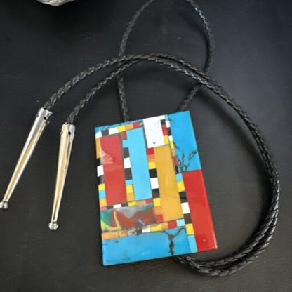 Men's Turquoise Orange Spiny Oyster Bolo Tie | Santo Domingo | Sterling Silver | 15500
