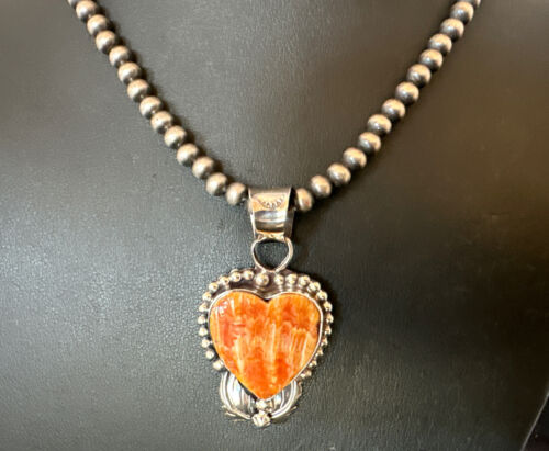 Navajo Orange Spiny Oyster Heart Pendant Necklace | Sterling Silver | Authentic Native American Handmade | 16421
