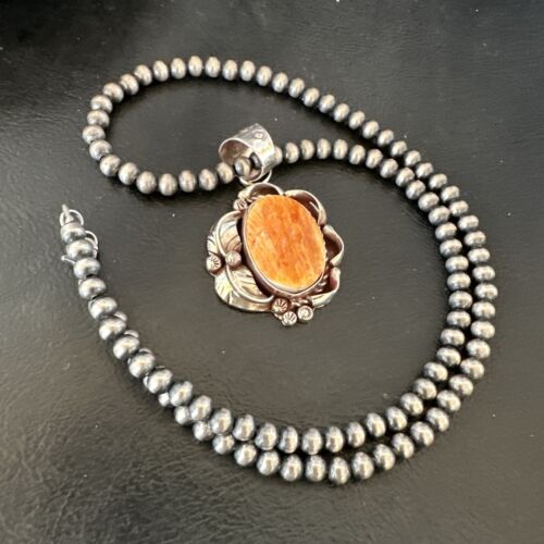 Navajo Orange Spiny Oyster Pendant Necklace | Sterling Silver Pearls | Authentic Native American Handmade | 16558