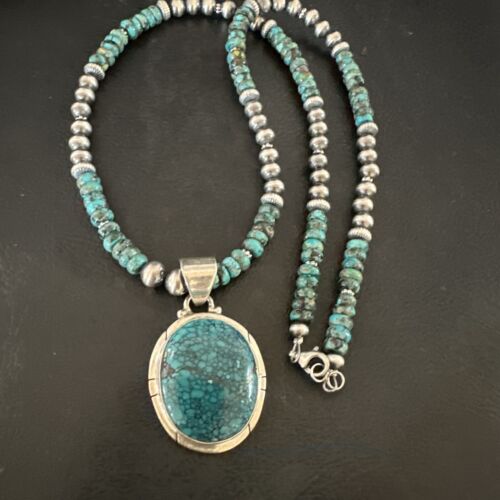 Men's Blue Spiderweb Turquoise Pendant Necklace | Navajo Sterling Silver | Authentic Native American Handmade | 17082