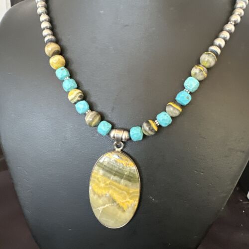 Men's BumbleBee Jasper Pendant Necklace | Navajo Pearls | Sterling Silver | Authentic Native American Handmade | 16878