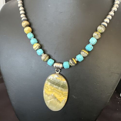 Men's BumbleBee Jasper Pendant Necklace | Navajo Pearls | Sterling Silver | Authentic Native American Handmade | 16878