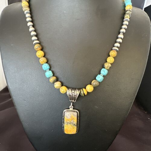 Men's BumbleBee Jasper Pendant Necklace | Navajo Pearls | Sterling Silver | Authentic Native American Handmade | 16873 - Masha USA