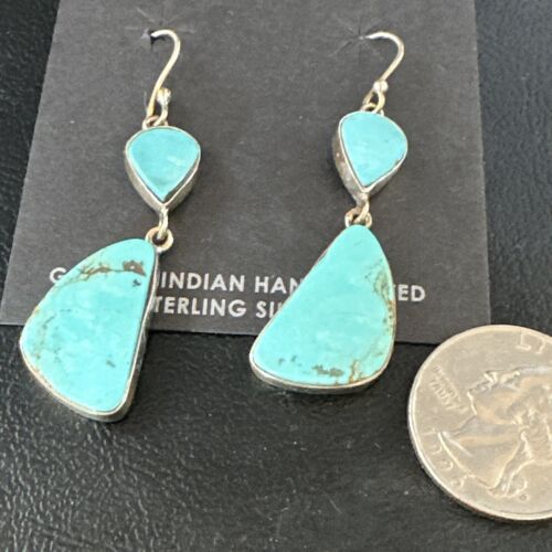 Navajo Blue Kingman Turquoise Dangle Earrings | Sterling Silver | Authentic Native American Handmade | 15102