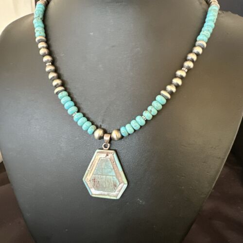 Navajo Turquoise Inlay Pendant Necklace | Sterling Silver | Authentic Native American Handmade | 17076