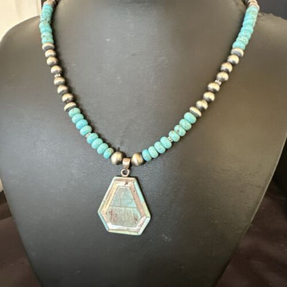 Navajo Turquoise Inlay Pendant Necklace | Sterling Silver | Authentic Native American Handmade | 17076