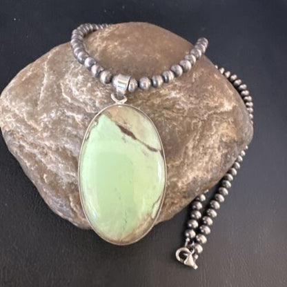 Navajo Green Gaspeite Pendant Necklace | Sterling Silver | Authentic Native American Handmade | 15484