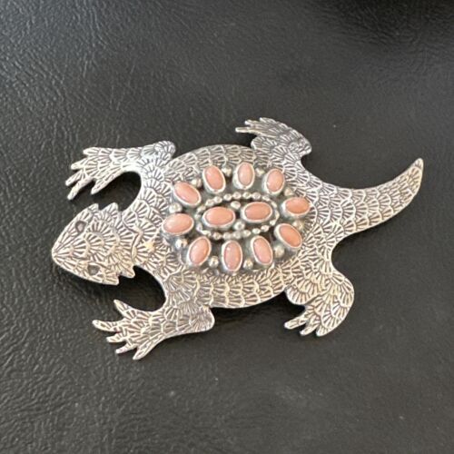 Handmade Stamped Navajo Pink Coral Horny Toad Pin | Authentic Native American Jewelry | 15669