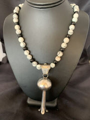 Navajo Pearls Necklace with White Blue Turquoise Naja Pendant | Sterling Silver | 4" | 10640