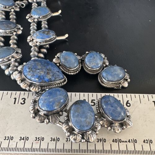 Navajo Sterling Silver Denim Lapis Pendant Necklace | Naja Squash Blossom | Authentic Native American Handmade | 15033