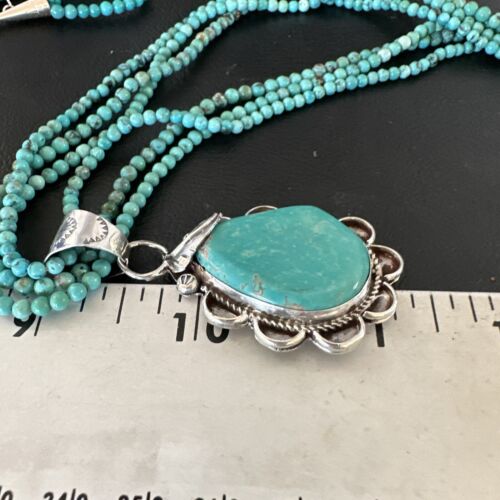 Navajo Blue Turquoise Pendant | Sterling Silver 3-Strand Bead Necklace | 17" | Authentic Native American Handmade | 15996