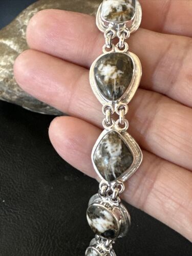 White Buffalo Turquoise 8-Stone Navajo Sterling Silver Link Bracelet | 8" | Handmade Jewelry 16378