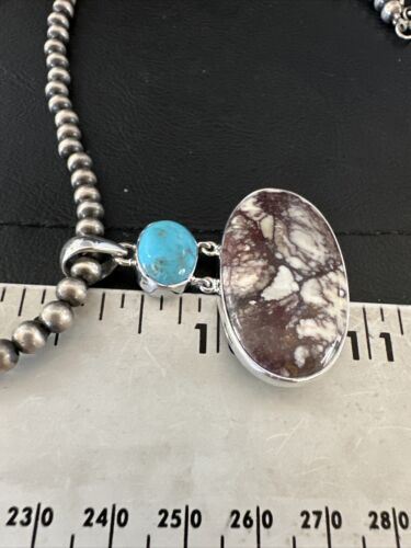 Navajo Wild Horse | Blue Kingman Turquoise Necklace | Sterling Silver | Authentic Native American Handmade | 17307