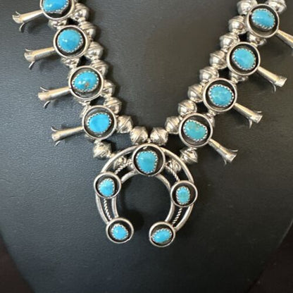 Navajo Kingman Turquoise Squash Blossom Necklace | Sterling Silver | 17" | Authentic Native American Handmade | 16110