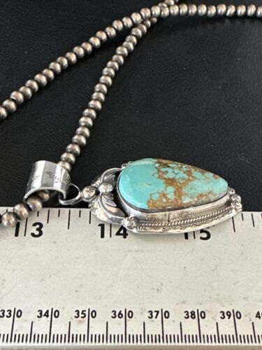 Navajo Pearls Sterling Silver Necklace with Blue Turquoise #8 Pendant | Authentic Native American Handmade | 14857
