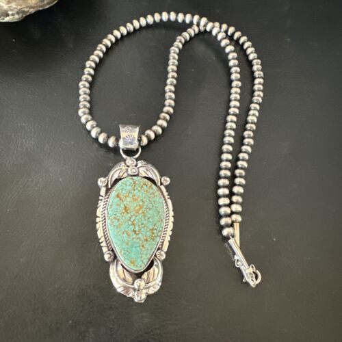 Navajo Blue Turquoise #8 Pendant | Sterling Silver Necklace with Pearls | Authentic Native American Handmade | 15898