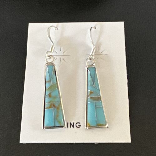 Navajo Blue Turquoise Inlay Earrings | Sterling Silver | 1" | Authentic Native American Handmade | 15699