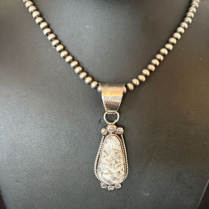Men's White Buffalo Turquoise Pendant Necklace | Navajo Pearl Sterling Silver | 17045