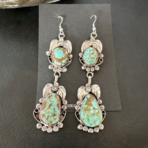Navajo Blue Turquoise #8 Dangle Earrings | Sterling Silver | Authentic Native American Handmade | 16908